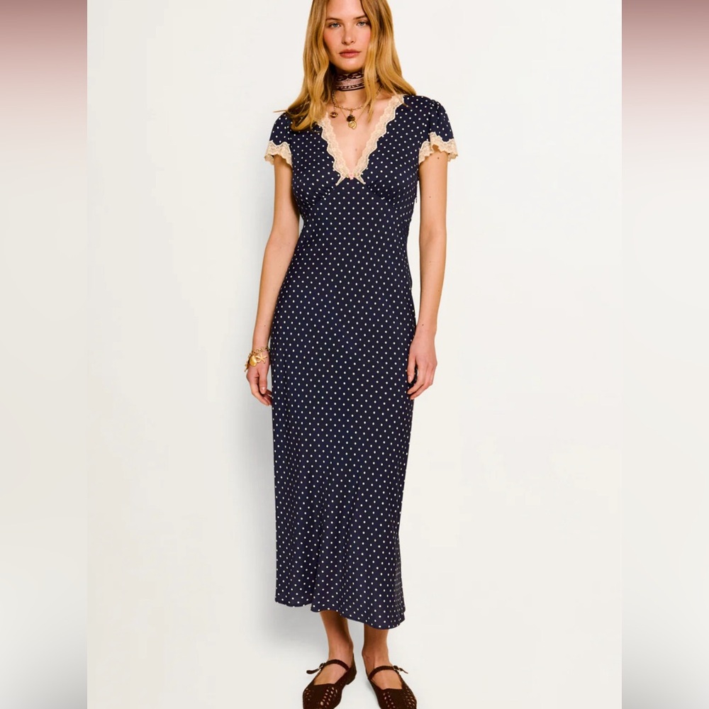 NWT Commense Navy and White Polka Dot Lace Trim V-Neck Dress